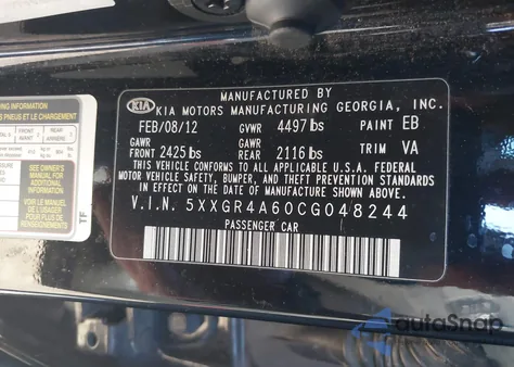 2012 Kia Optima Sx z USA, uszkodzony, nr VIN 5XXGR4A60CG048244